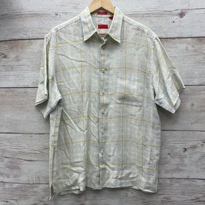 IZOD Mens Beige Yellow‎ Plaid Short Sleeve Button Down Linen Shirt Medium